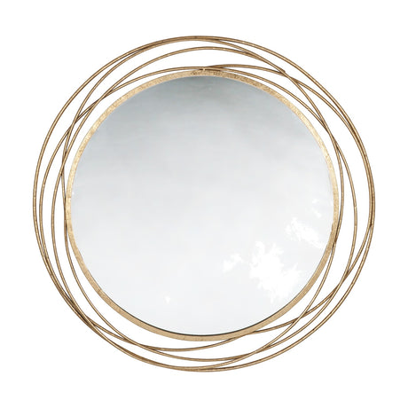 Round wall mirror with an antique gold iron frame of overlapping swirled rings, 90 x 90cm, shown on a plain white background.