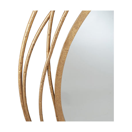 Close-up of the Antique Gold Iron Swirl Round Wall Mirror, 90 x 90cm, showing textured gold swirl frame detail against the glass edge on a white background.