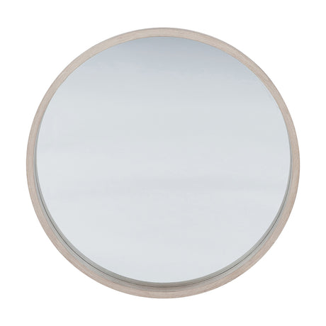 Round wall mirror with a slim natural wood veneer frame, 56 x 56cm, shown on a plain white background.