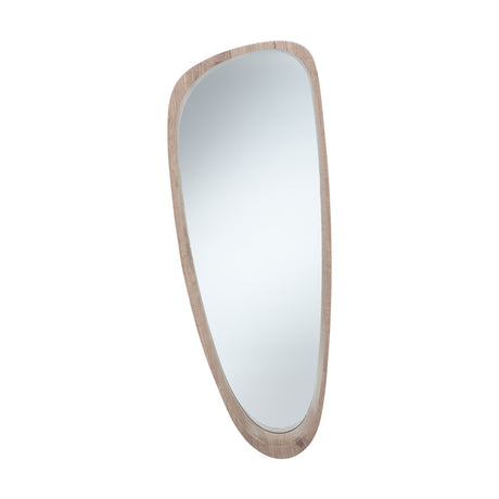 Wood veneer teardrop-shaped wall mirror, 33 x 90cm, with an asymmetric natural wood frame and mirrored glass centre, shown on a plain white background.