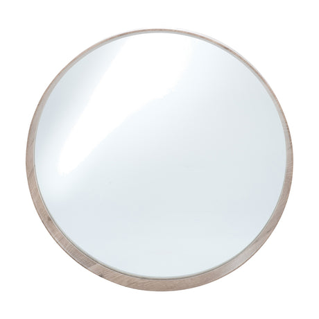 Round wall mirror, 74 x 74cm, with a deep wood veneer edge in a natural finish, set against a plain white background.