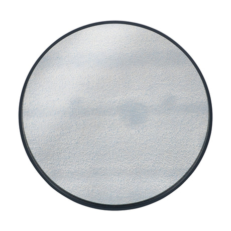Round wall mirror, 74 x 74cm, with a slim black frame and foxed antique-effect glass, shown against a plain white background.