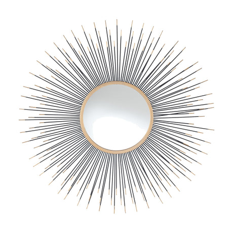 Round wall mirror with black and gold starburst design, 80 x 80cm, extending metal rays around a slim gold-toned frame, on a plain white background.