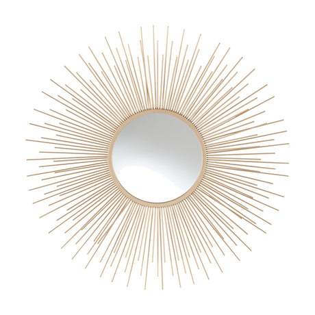 Gold iron starburst design round wall mirror, 80 x 80cm, with radiating metal rods framing a central circular glass mirror on a plain white background.