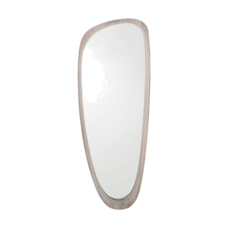 Grey oak wood veneer teardrop-shaped wall mirror, 33 x 90cm, tapering narrow at the top and wider below, on a plain white background.