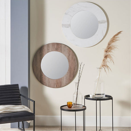 White Marble Effect Wood Veneer Round Wall Mirror - 80 x 80cm