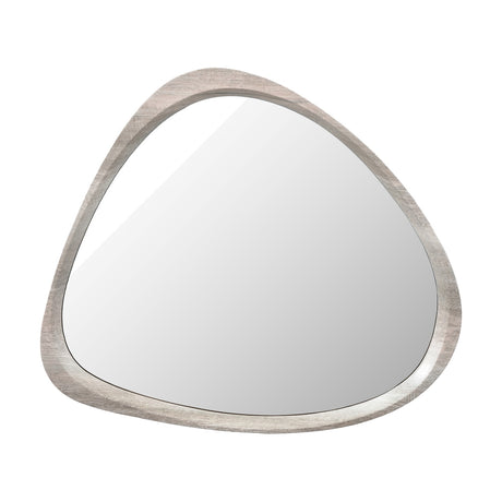 Grey oak wood veneer wall mirror with a curved triangular shape and rounded frame, shown on a plain white background, 67 x 58cm.