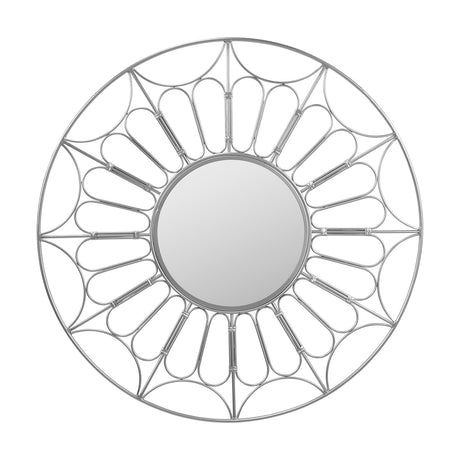 Round wall mirror in silver, 100 x 100cm, with an openwork iron frame featuring a cane-style sunburst pattern, shown on a plain white background.