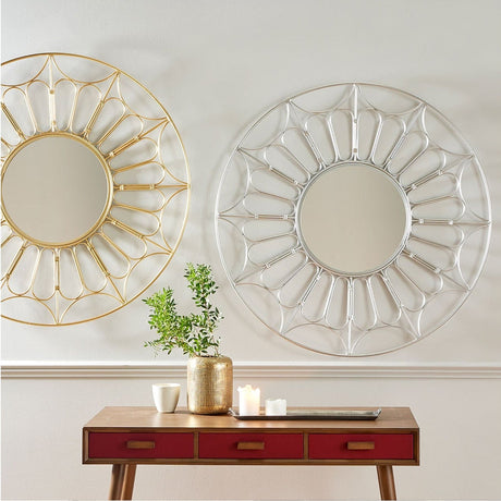 Silver Iron Cane Design Round Wall Mirror, 100 x 100cm, with a radiating spoke-like frame, shown mounted above a wooden console table beside a matching gold version.