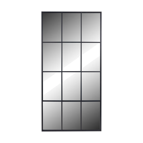 Dark grey iron floor mirror with a 12-section window-pane design, rectangular frame divided into three columns and four rows, shown against a plain white background.