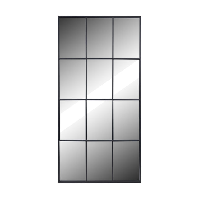 Dark grey iron floor mirror with a 12-section window-pane design, rectangular frame divided into three columns and four rows, shown against a plain white background.
