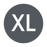 XL size label icon showing bold white "XL" letters on a plain dark grey circular background.