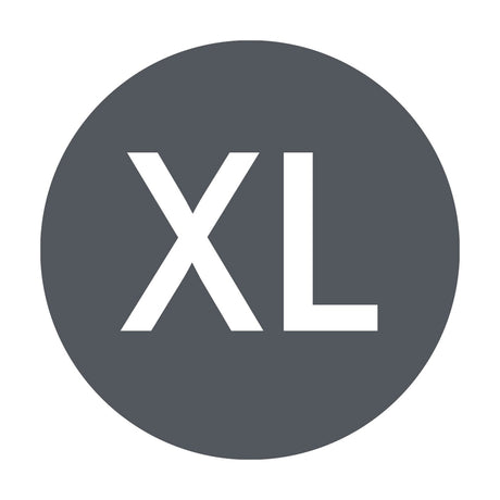 XL size label icon showing bold white "XL" letters on a plain dark grey circular background.