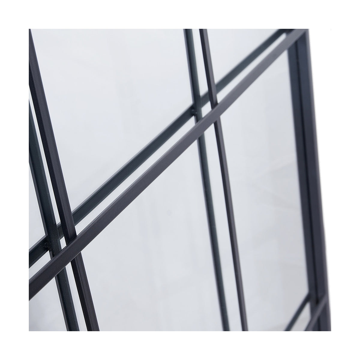 Close-up of the Dark Grey Iron 12 Section Floor Mirror's grid frame, showing intersecting metal glazing bars in a matte dark grey finish against clear glass.
