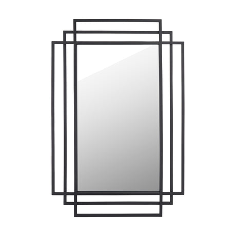 Black Iron Art Deco rectangular wall mirror, 61 x 92cm, with layered stepped metal frame in black, set against a plain white background.