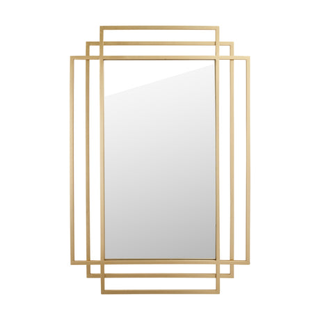 Gold Iron Art Deco rectangular wall mirror, 61 x 92cm, with layered geometric metal frame in gold finish, set against a plain white background.