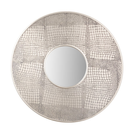 Round wall mirror in antique silver, 66 x 66cm, with a textured iron frame and small round mirror glass set off-centre, shown on a plain white background.