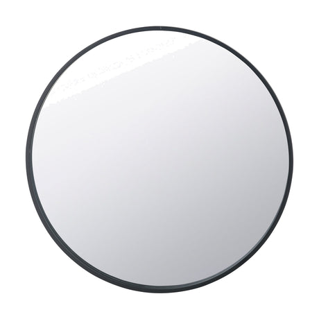 Round wall mirror, 74 x 74cm, with a black wood veneer frame and mirrored glass surface, shown against a plain white background.