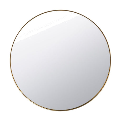 Round wall mirror with a slim brushed gold metal frame, 80 x 80cm, shown against a plain white background.