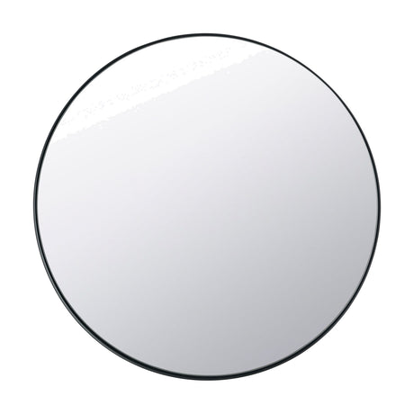 Round wall mirror with a slim black stainless steel frame, 80 x 80cm, shown against a plain white background.
