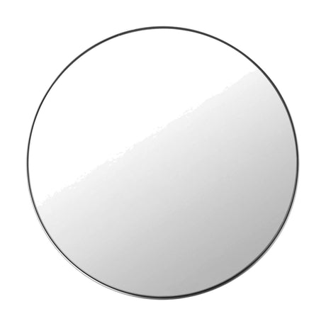 Round wall mirror with a slim brushed silver metal frame, 100 x 100cm, shown against a plain white background.