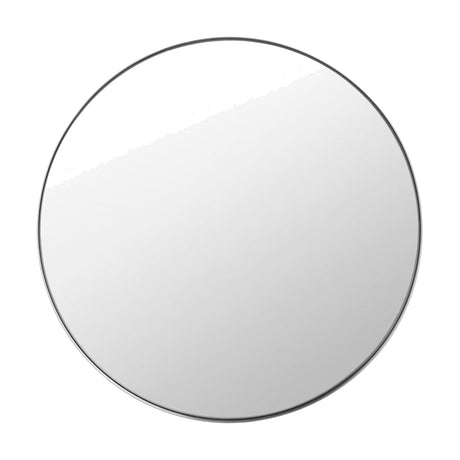 Round wall mirror with a slim brushed silver metal frame, 80 x 80cm, shown against a plain white background.