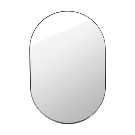 Oval wall mirror with a slim brushed silver stainless steel frame, 60 x 90cm, shown against a plain white background.