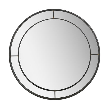 Round wall mirror in antique bronze finish, 80 x 80cm, with a slim metal frame divided by four thin spokes, shown on a plain white background.