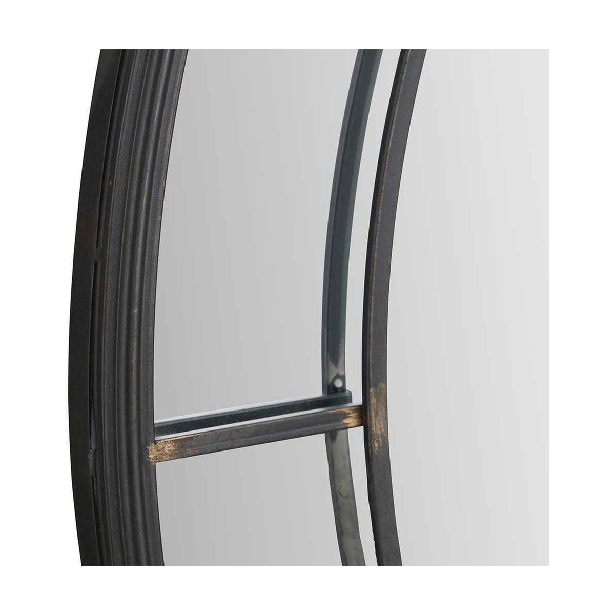 Close-up of the Antique Bronze Round Wall Mirror, 80 x 80cm, showing the ridged metal frame and central crossbar detail against a plain background.