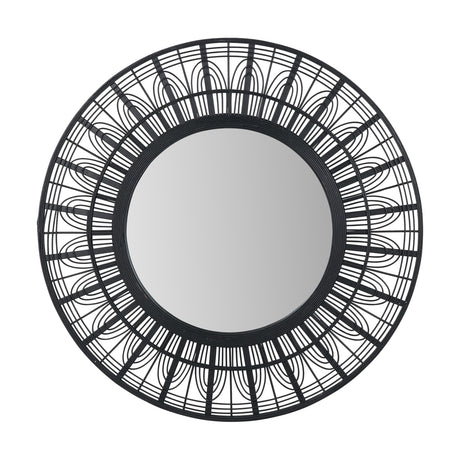Round wall mirror with a black bamboo frame in a sunburst wire design, 90 x 90cm, shown on a plain white background.