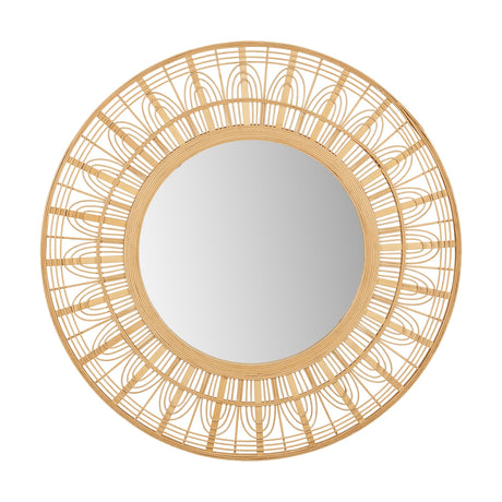 Round wall mirror with a natural bamboo frame featuring layered sunburst and scalloped detailing, 90 x 90cm, shown against a plain white background.