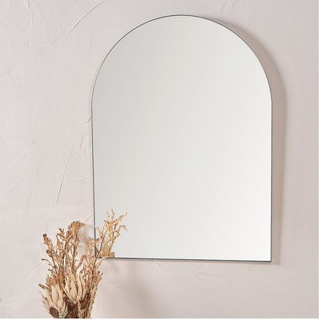Tall arch wall mirror with slim brushed silver frame, shown on a light plaster wall beside a dried floral arrangement.
