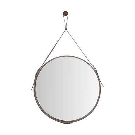 Round Peppercorn leather-framed wall mirror with a hanging strap and wall stud, shown on a plain white background.