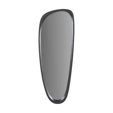 Black wood veneer teardrop-shaped wall mirror, 33 x 90cm, with an asymmetric frame in black, shown against a plain white background.