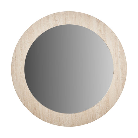 Tivoli round wall mirror, 80 x 80cm, with a wide travertine-effect veneer frame in beige stone tones, shown on a plain white background.