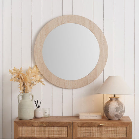 Tivoli Travertine Effect Veneer Round Wall Mirror, 80 x 80cm, shown above a rattan-front sideboard in a hallway with a lamp and vase styling.