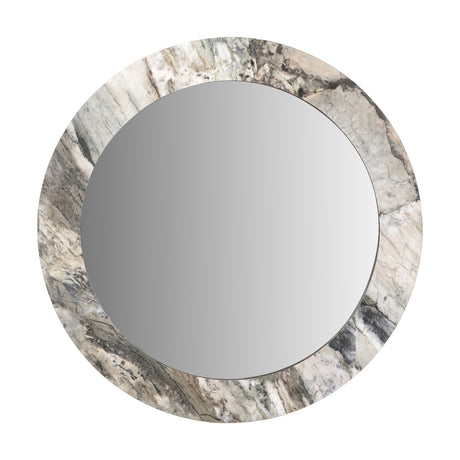 Myana Jade Marble Effect Veneer Round Wall Mirror, 80 x 80cm, with a grey-green marble-effect frame surrounding a circular mirror plate on a plain white background.