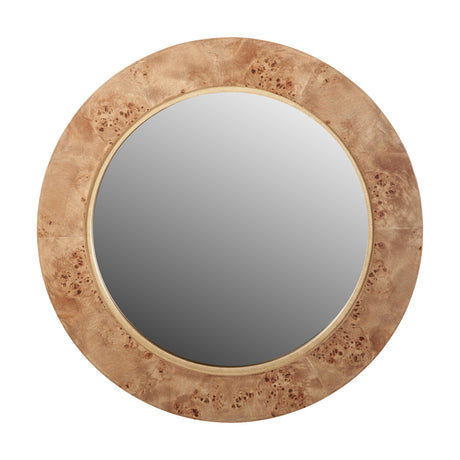 Newborough round wall mirror, 65 x 65cm, with a burr wood effect frame in warm brown tones and a slim gold-tone inner edge, shown on a plain white background.