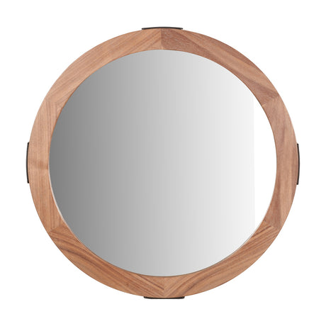 Vermont round wall mirror, 65 x 65cm, with a light walnut wood veneer frame and small black metal brackets, shown on a plain white background.