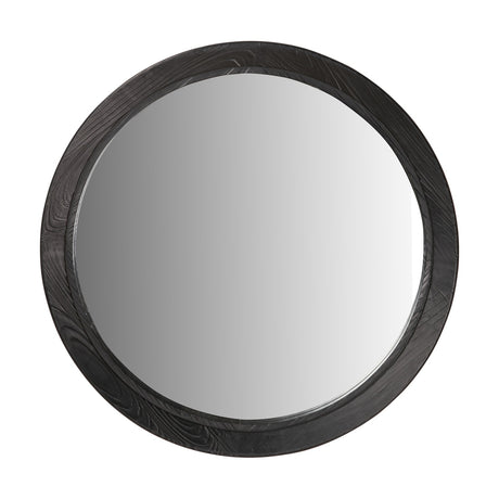 Elwood round wall mirror, 65 x 65cm, with a black fir-effect wood frame showing visible grain texture, set against a plain white background.