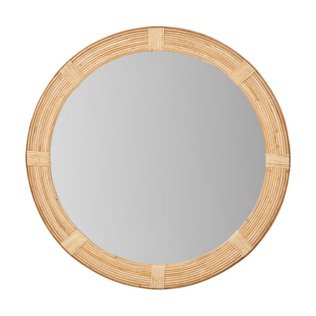 Round wall mirror, 80 x 80cm, with a natural rattan frame featuring woven panel detailing, set against a plain white background.
