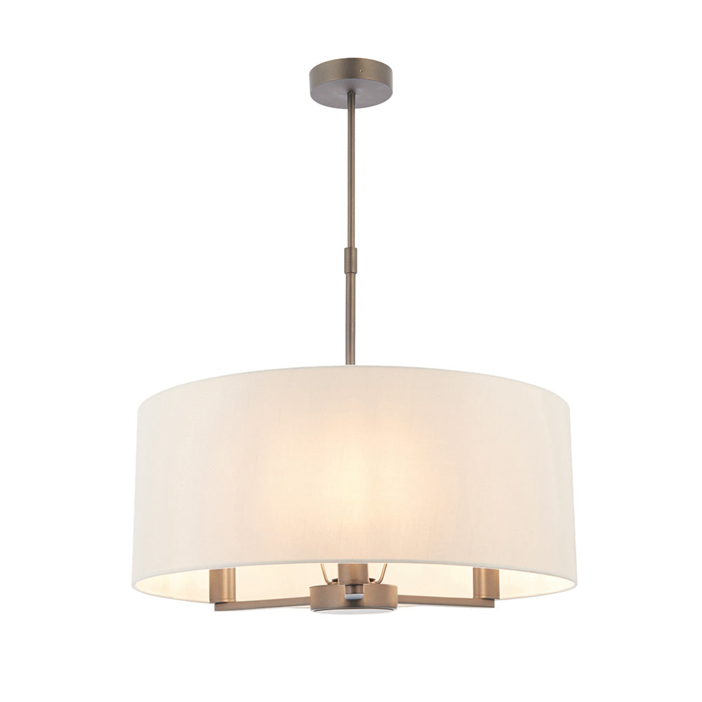 Endon Bexley Large 3 light pendant with a marble-effect faux silk drum shade and dark antique bronze plated metal frame, shown on a plain white background.