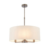 Endon Bexley Large 3 light pendant with a marble-effect faux silk drum shade and dark antique bronze plated metal frame, shown on a plain white background.