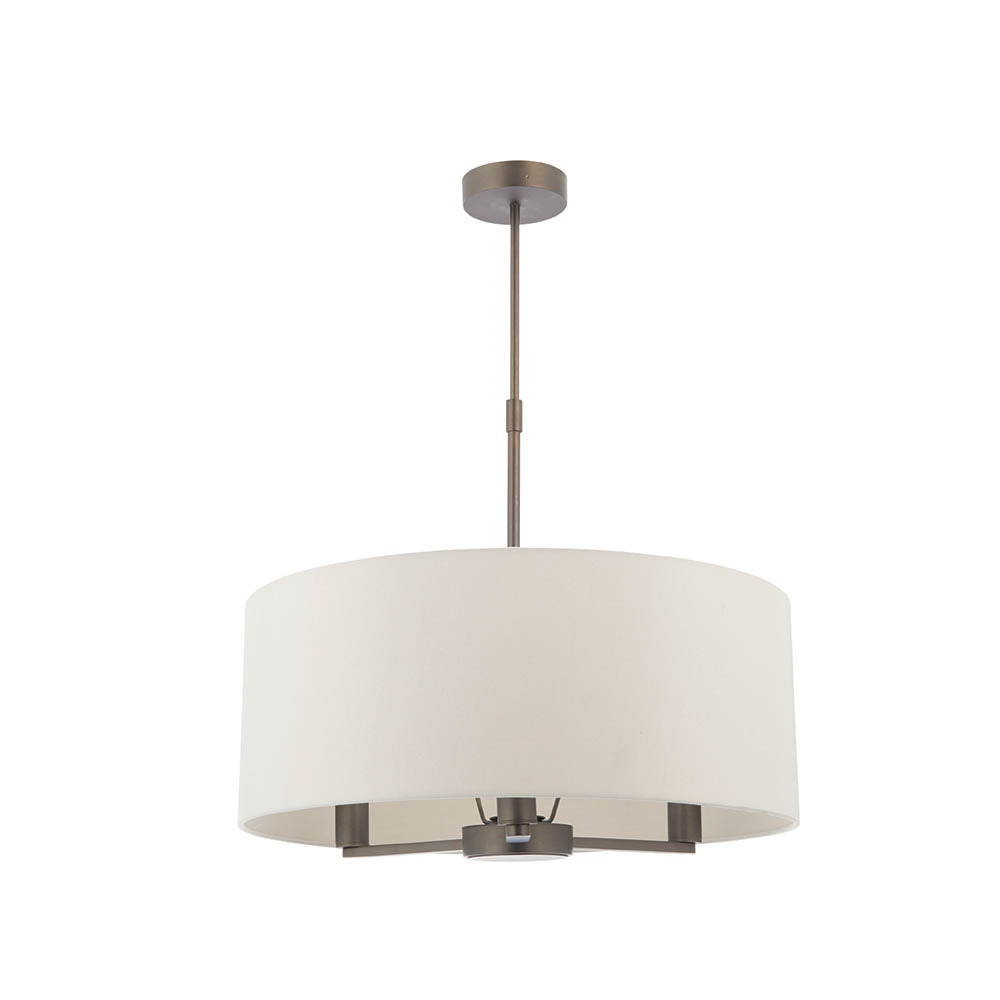 Endon Bexley Large 3 Light Pendant in bronze with a drum-shaped marble-effect faux silk shade and antique bronze rod suspension, on a white background.