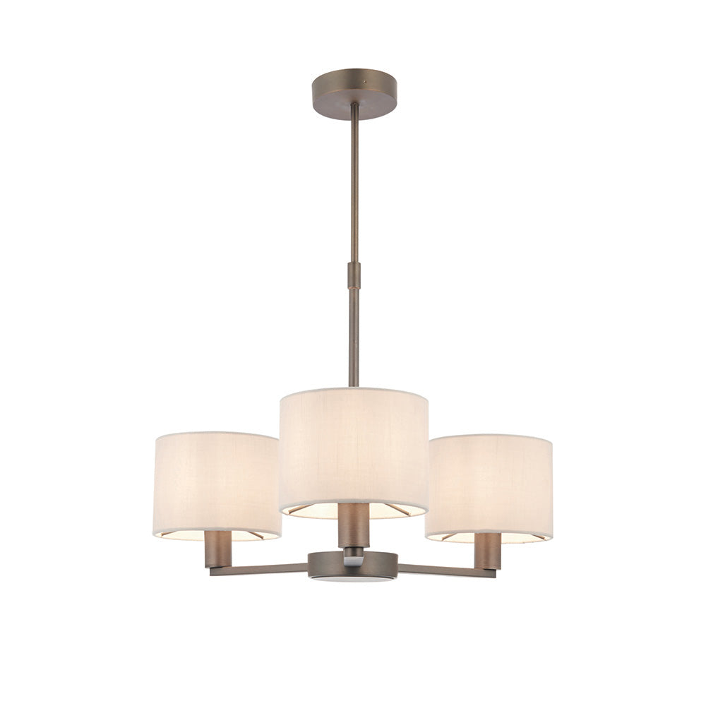 Endon Bexley 3 Light Pendant in bronze with three marble-effect faux silk drum shades on curved arms and adjustable drop, on a white background.