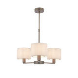 Endon Bexley 3 Light Pendant in bronze with three marble-effect faux silk drum shades on curved arms and adjustable drop, on a white background.