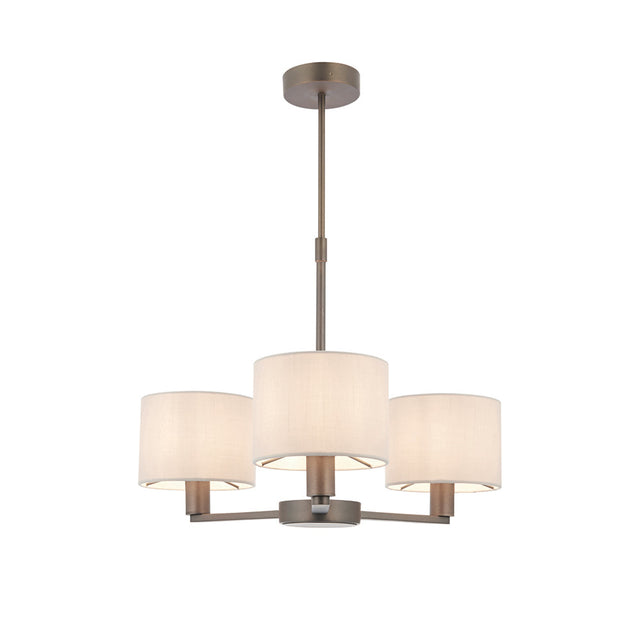 Endon Bexley 3 Light Pendant in bronze with three marble-effect faux silk drum shades on curved arms and adjustable drop, on a white background.