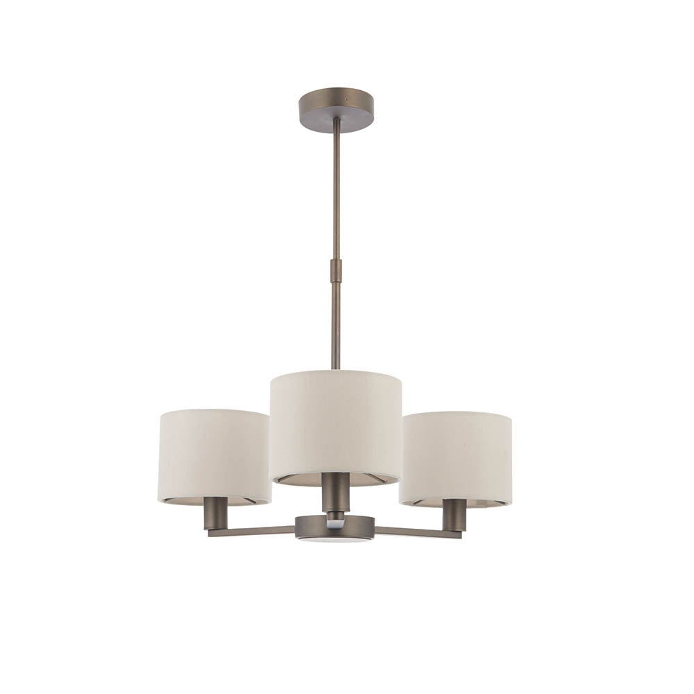 Endon Bexley 3 Light Pendant in bronze with three marble-effect faux silk drum shades on curved arms and adjustable drop, shown on a white background.