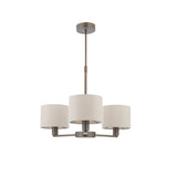 Endon Bexley 3 Light Pendant in bronze with three marble-effect faux silk drum shades on curved arms and adjustable drop, shown on a white background.