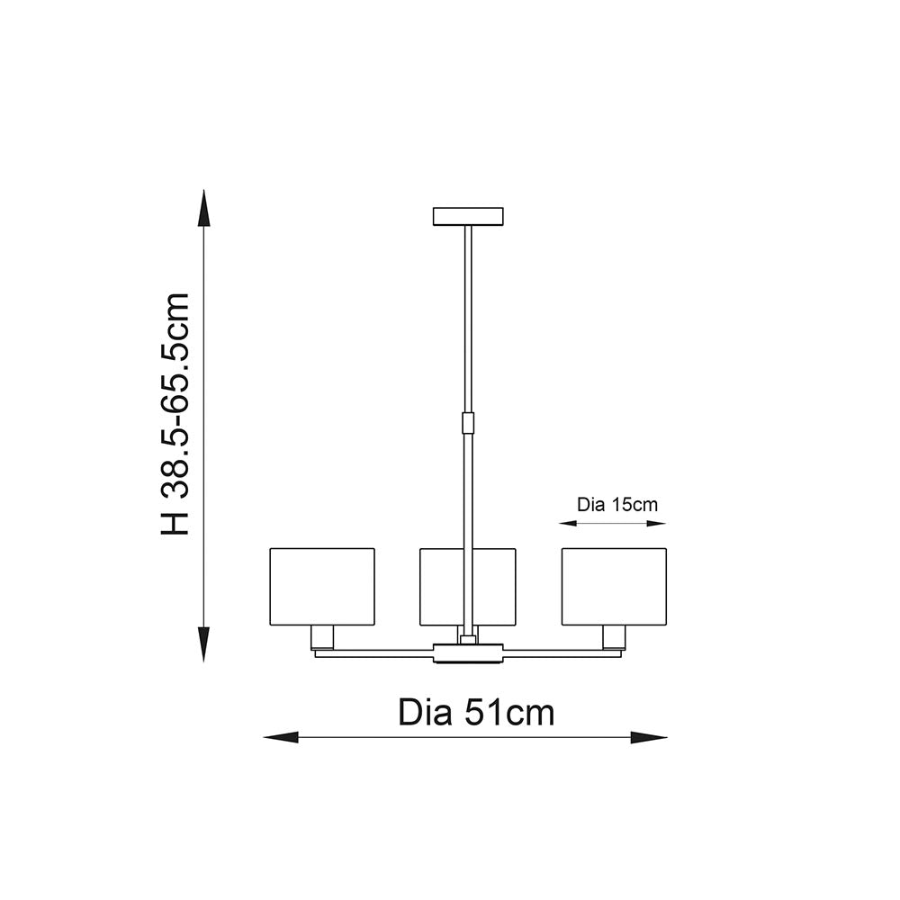 Dimension diagram of the Endon Bexley 3 Light Pendant in bronze, showing 38.5–65.5cm adjustable height, 51cm diameter, and 15cm shade diameter.